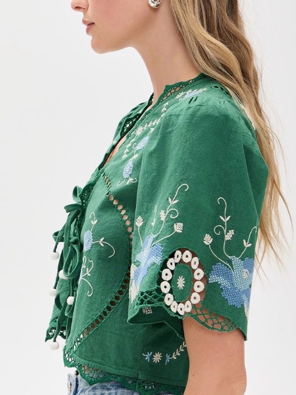NWT Cotton/Linen Green Embroidered Tie Front Top - Picture 4 of 12